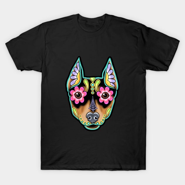 Min Pin - Day of the Dead Miniature Doberman Pinscher Sugar Skull Dog T-Shirt by prettyinink